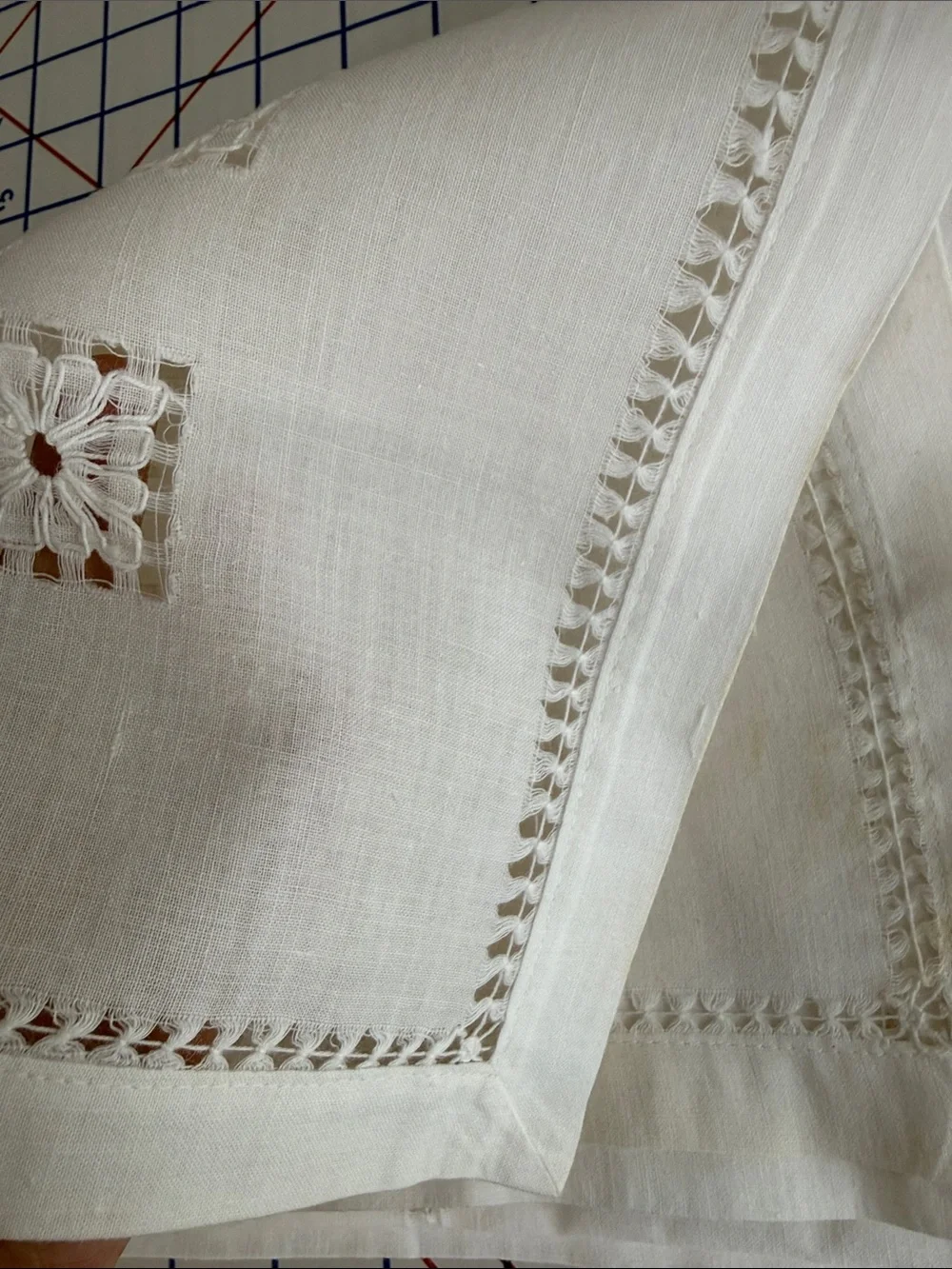 Vintage White Linen Madeira Style Table Topper 34 x 32 Drawn Thread Cutwork